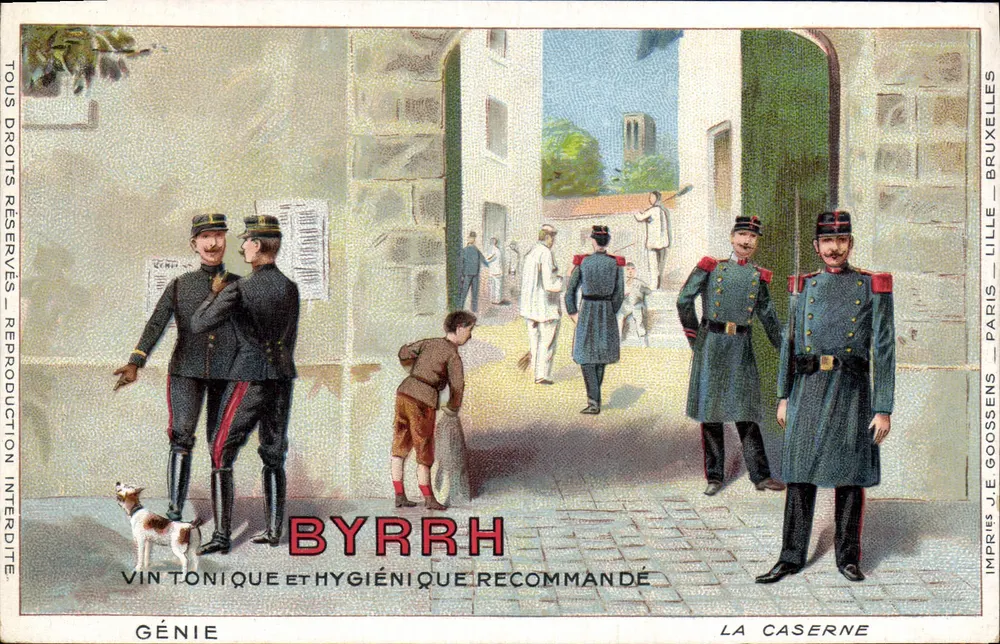 Soldaten an der Kasernen — Werbung für den Wein Byrrh — J.E. Goossens, Lille - Vorderseite