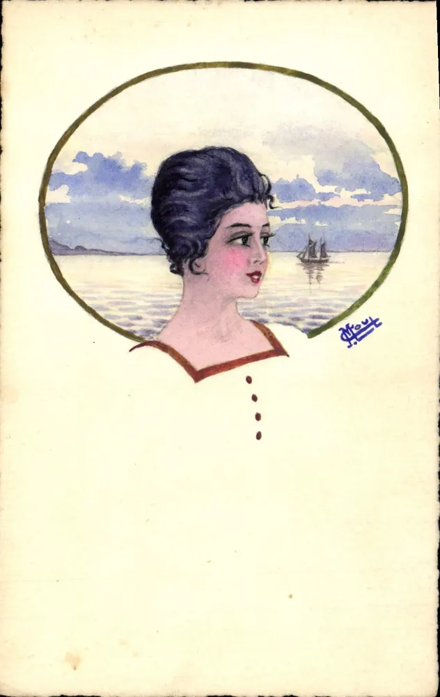 Junge Frau am Meer — Illustration im Art-Deco-Stil — signiert 'Afrou' — unbekannter Verlag - Vorderseite