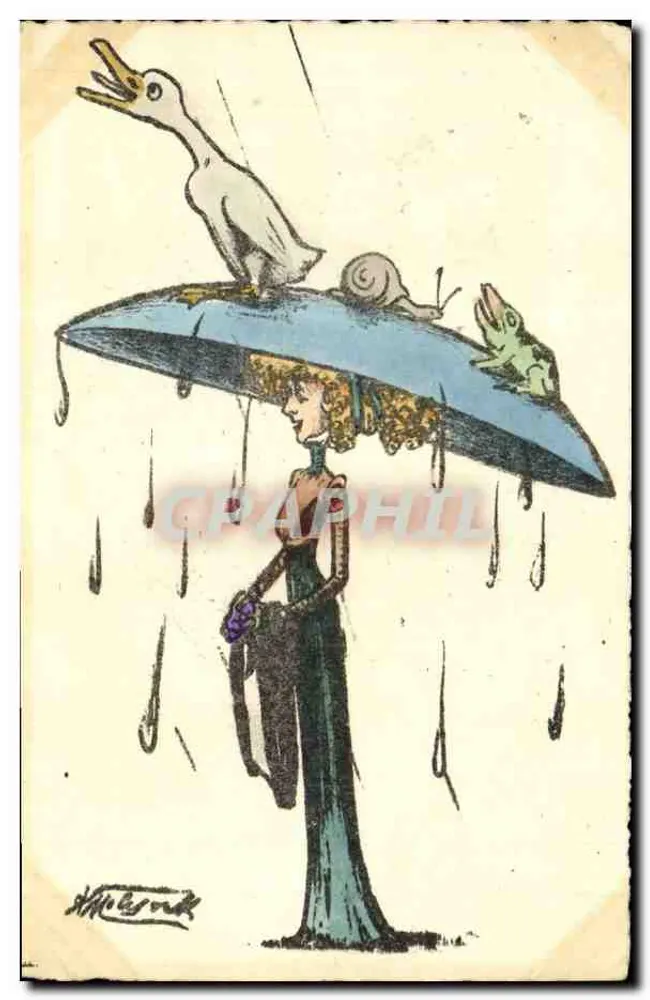 Frau unter Regenschirm mit Ente, Schnecke und Frosch — Zeichnung von H. Léonard — Verlag nicht sichtbar - Vorderseite
