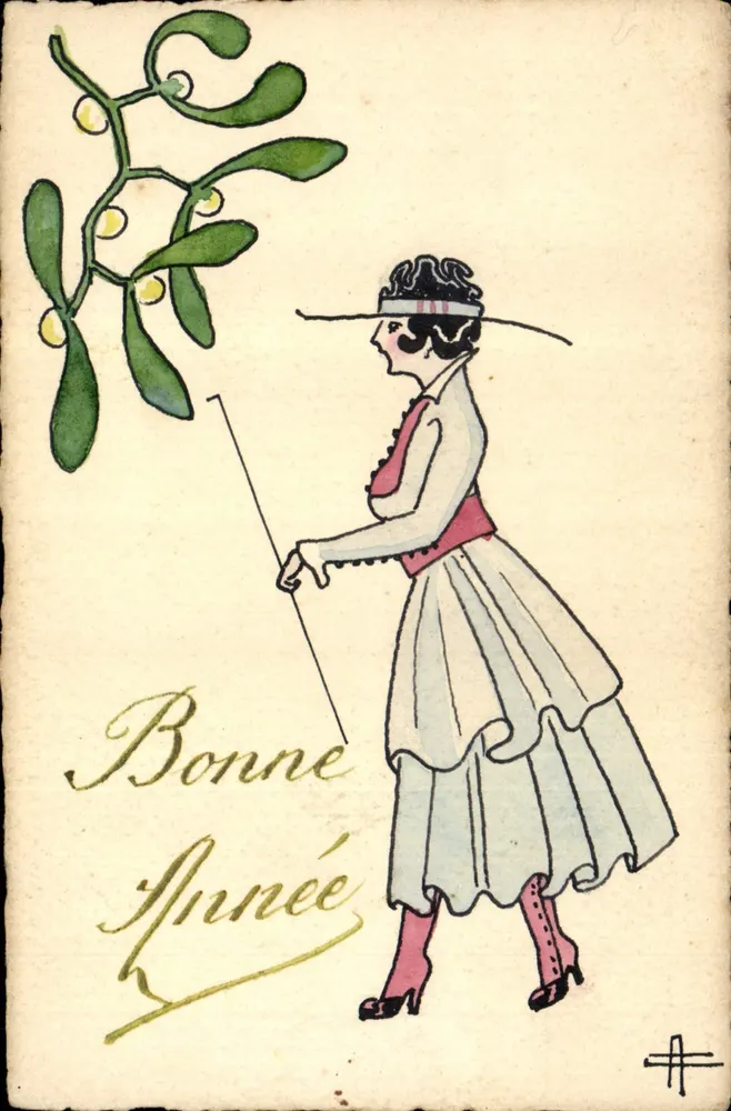Frau in Röckchen und Hut — mit Weihnachtsmistel — Text 'Bonne Année' — Verlag 'AR' (Rückseite) - Vorderseite