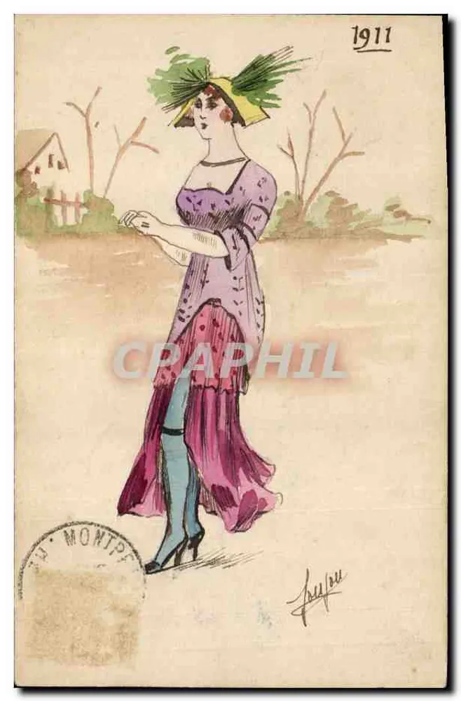 Frau in einem violetten Kleid und Hut — 1911 — J. Montpou, Nr. 1911 - Vorderseite