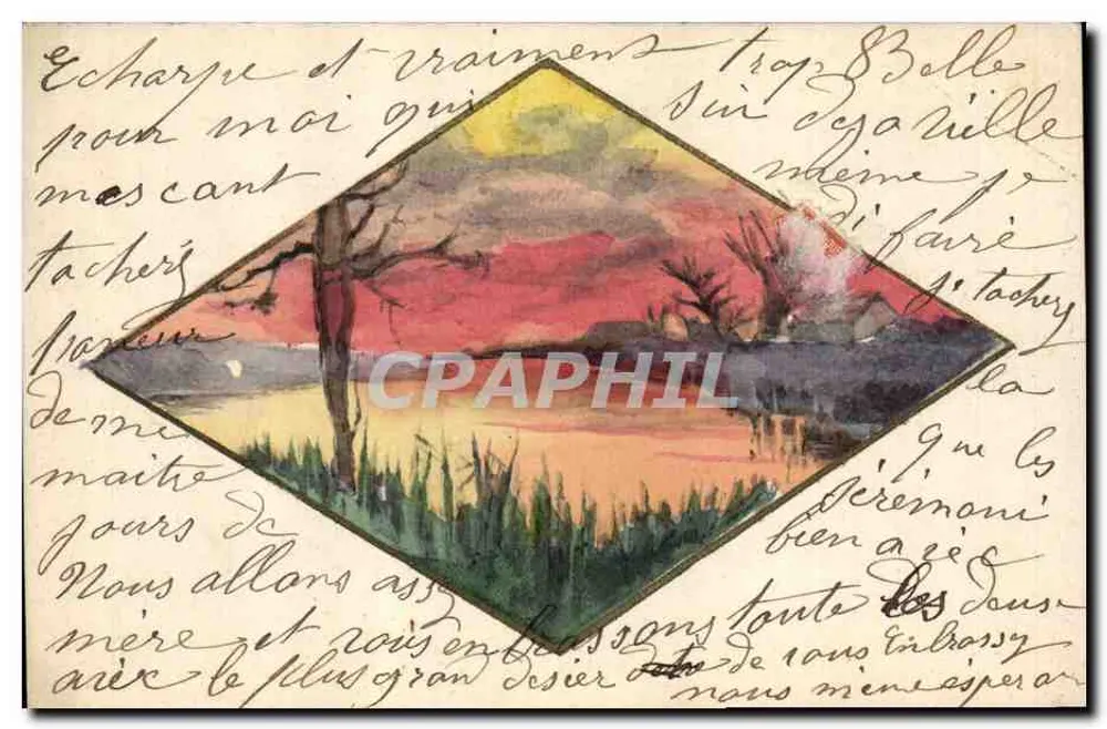 Sonnenuntergangslandschaft — Aquarell in einem Diamantrahmen — unbekannter Verlag, Serie 753 - Vorderseite