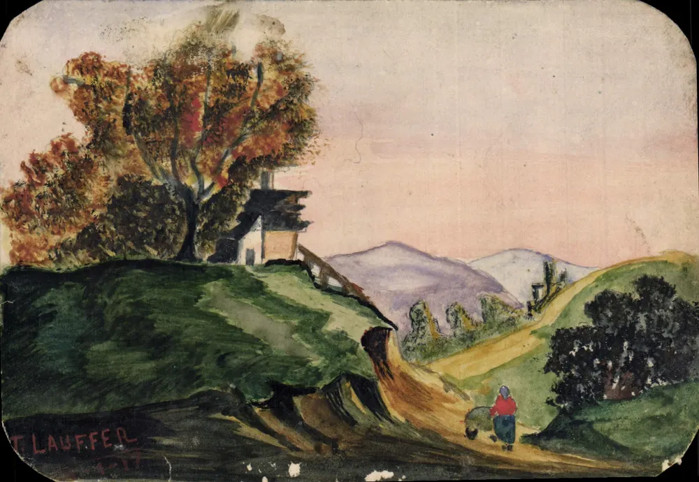 Paysage d'automne — maison sur colline, chemin avec marchand de bois — T. Lauffeer, n° 17 - Vorderseite