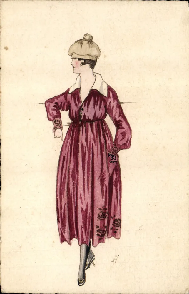 Frau in einem violetten Kleid mit Blumenmuster — Stil der 1920er Jahre — signiertes Zeichnung 'J.P.' - Vorderseite