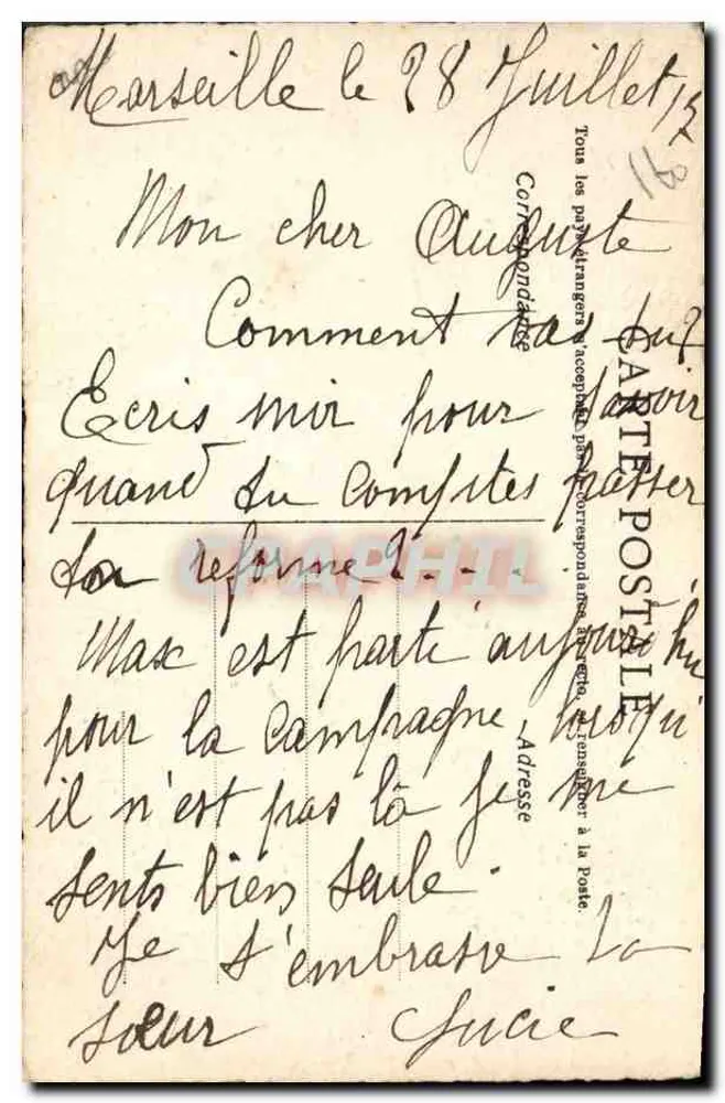 Frau in einem violetten Kleid mit Blumenmuster — Stil der 1920er Jahre — signiertes Zeichnung 'J.P.' - Rückseite