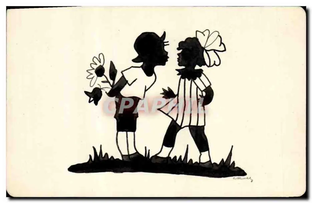 Zwei Kinder, die mit Blumen spielen — Silhouette-Illustration — Verlag unbekannt - Vorderseite