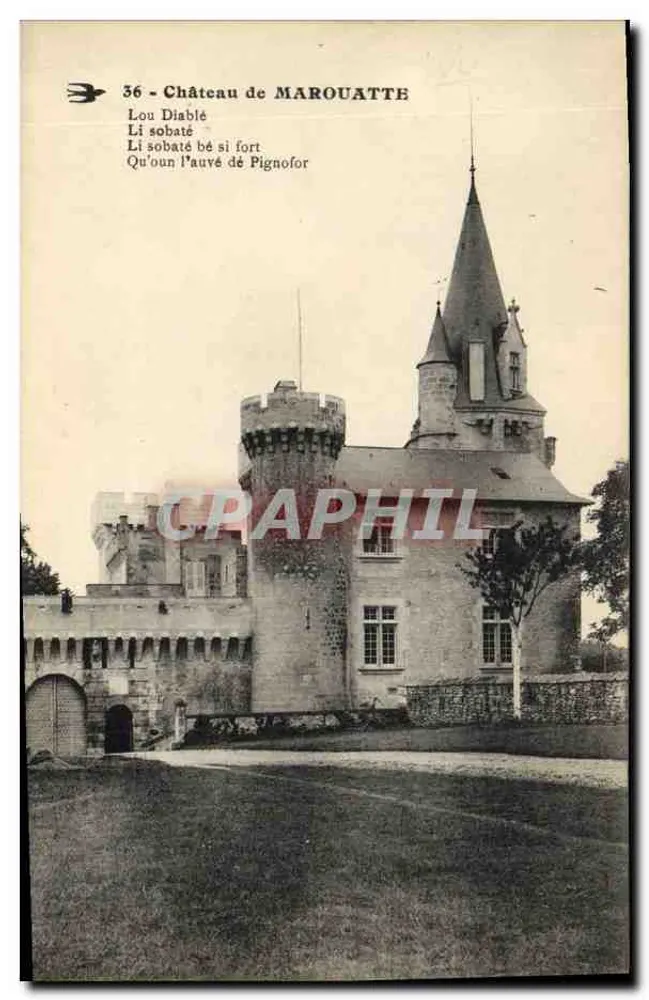 Castelo de Marouatte — vista do castelo com texto em patois — editor não visível - Frente