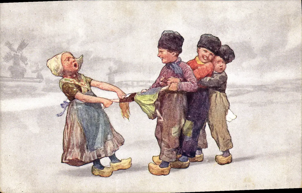 Enfants jouant au patinage — scène d'hiver — éditeur B. K. W. L. 496-4 - Recto