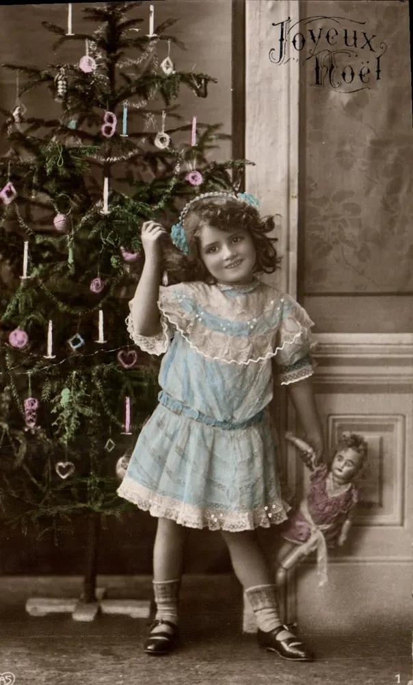 Fille devant un arbre de Noël — décorations colorées — éditeur 'Joueux Noël' n°1 - Vorderseite