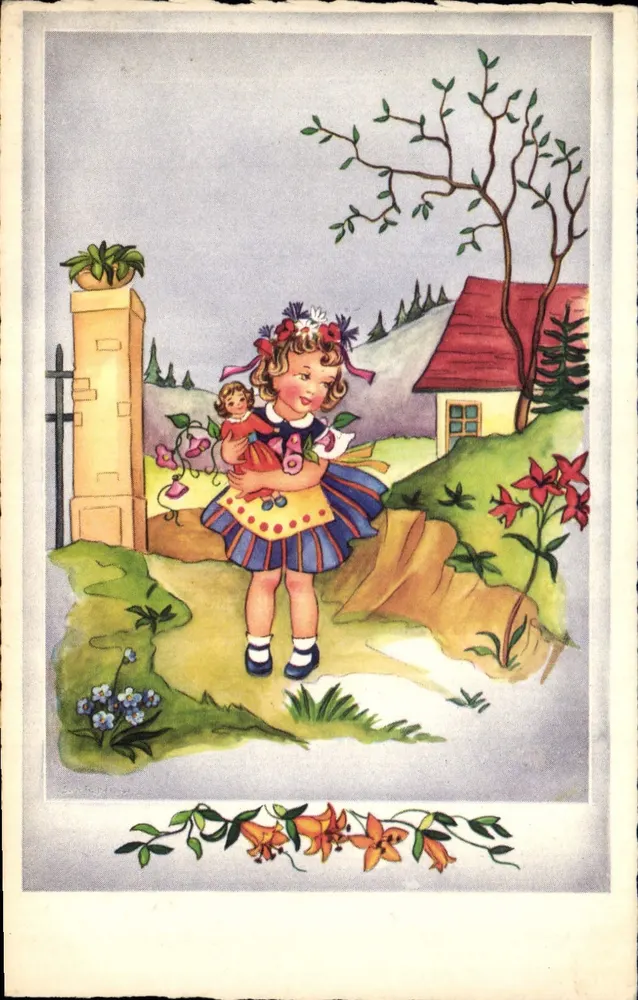 Mädchen mit Puppe — Frühlingsgarten — M.D. Paris, Serie Nr. 2775 - Vorderseite