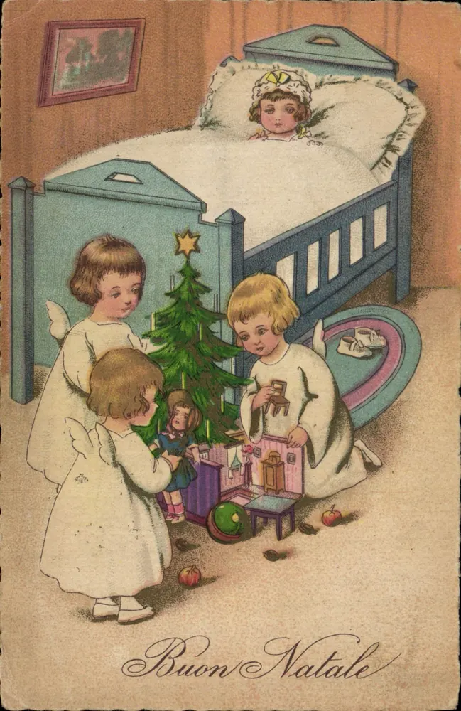 Enfants anges jouant près d'un sapin de Noël — une poupée dans un berceau — éditeur STAMPA IN ITALIA - Vorderseite