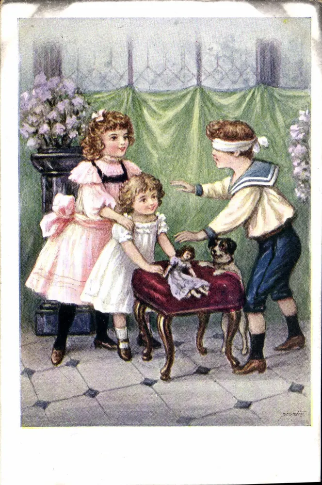 Enfants jouant avec une poupée — scène intérieure — éditeur 'RENNERT' (signé en bas à droite) - Vorderseite