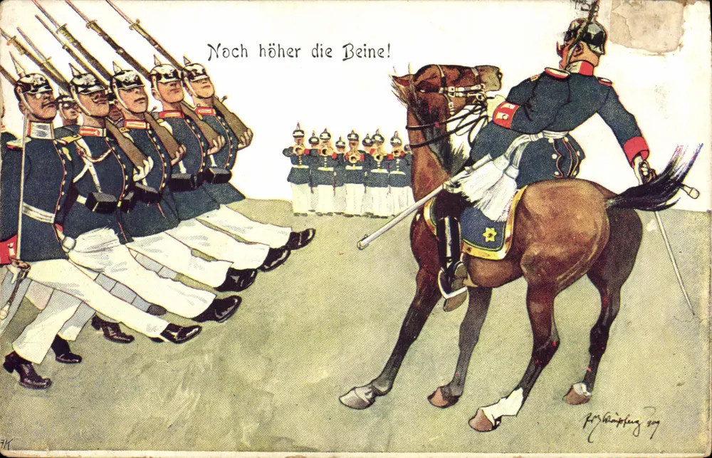 Soldats en parade — caricature d'officier à cheval — éditeur F. W. Wimpfleug, n° 74K - Frente