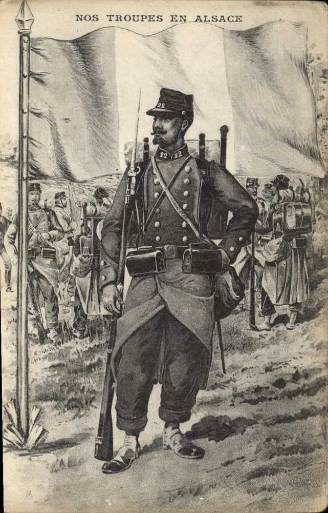 Nos troupes en Alsace — soldat en uniforme avec drapeau tricolore — éditeur non visible - Frente