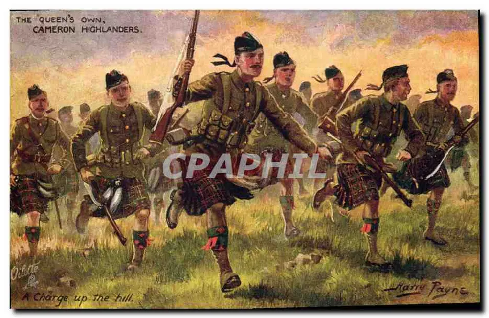 The Queen's Own Cameron Highlanders — A Charge up the hill. — Harry Payne — Tuck's Post Card No. 8863 - Frente