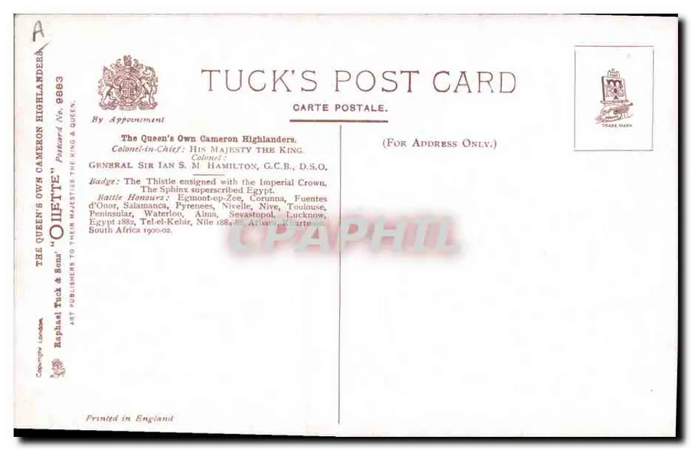 The Queen's Own Cameron Highlanders — A Charge up the hill. — Harry Payne — Tuck's Post Card No. 8863 - Verso