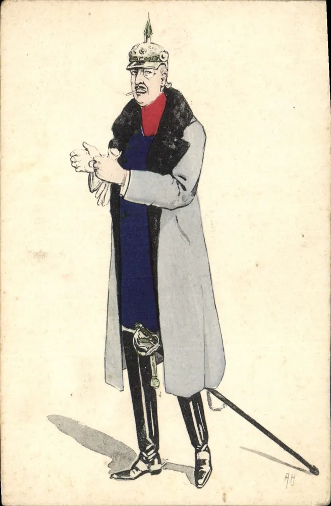 Soldat allemand caricaturé — en uniforme avec képi à pointe et canne — dessin signé '9B' - Frente