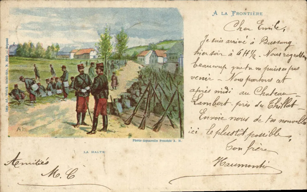 Soldados na fronteira — Foto-Aquarela Processo A. H. — Imp. Ad. Weick, Saint-Dié, N. 303 — Série 'La Halte' - Frente