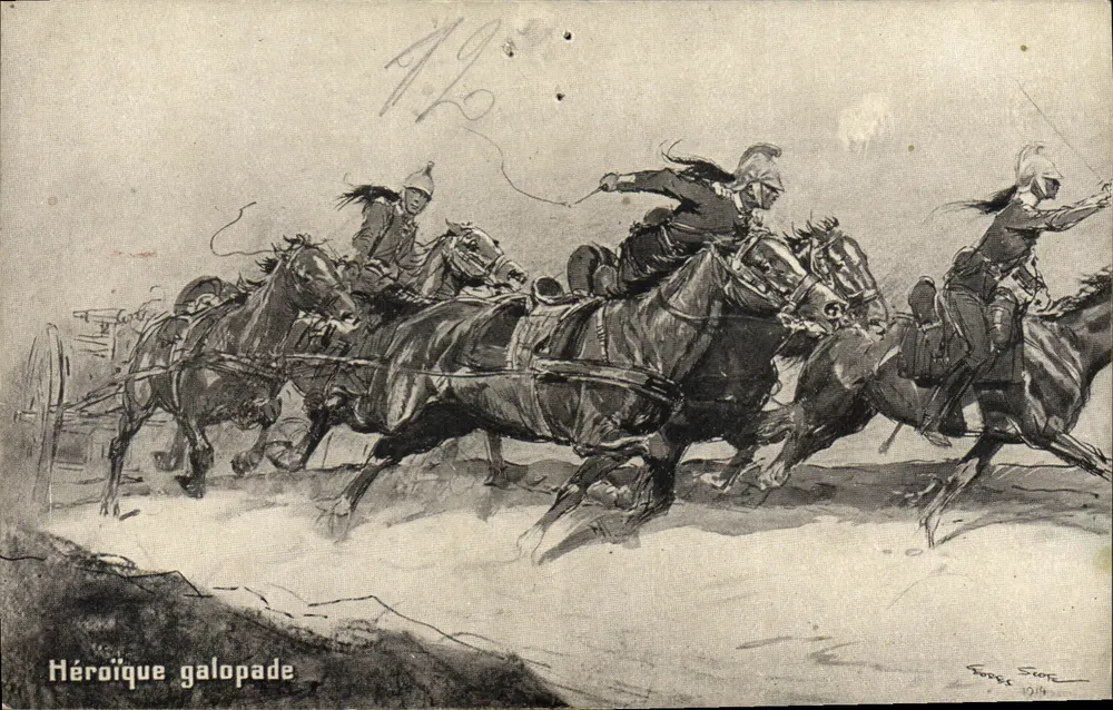 Héroiczna galopada — ilustracja jeźdźców w akcji — wydawca Devambez, Paryż - Awers
