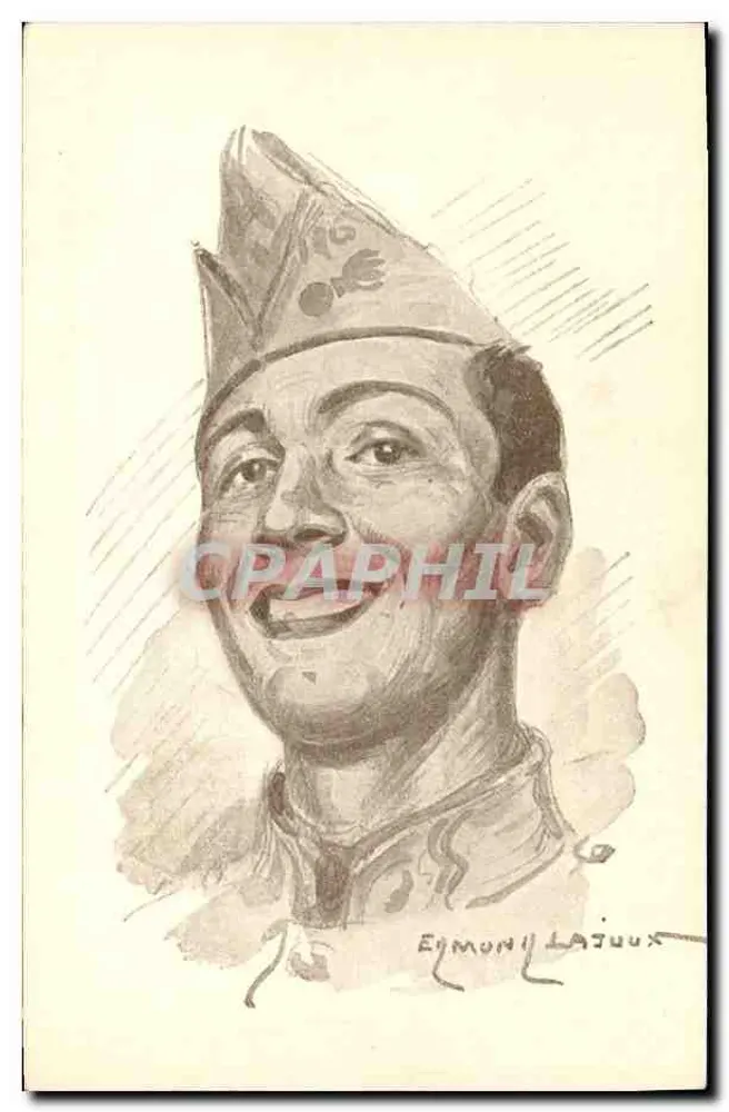 Retrato de um soldado sorridente — desenho a lápis — assinado por Érmond Lataux - Frente