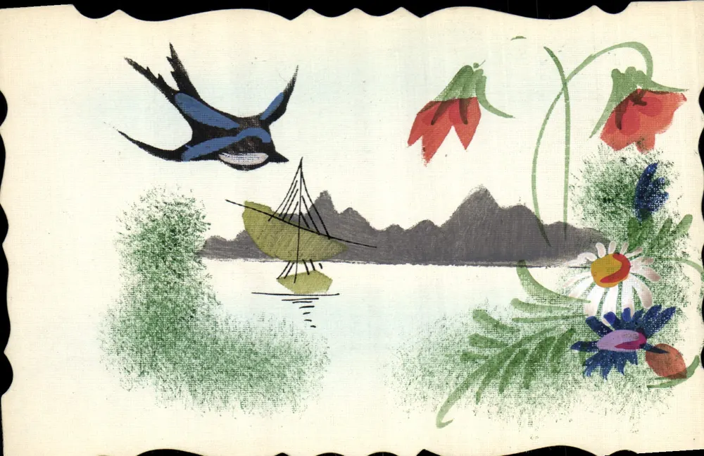 Landschaft mit See und Schwalbe — stilisierte Illustration — kein Verlag oder Nummer sichtbar - Vorderseite