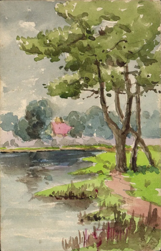 Landschaft mit Seen und rosa Haus — Aquarell — unbekannter Verlag - Vorderseite