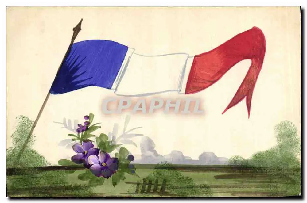 Frankreichflagge — Violetter Blüten — Illustrierte Ansichtskarte - Vorderseite