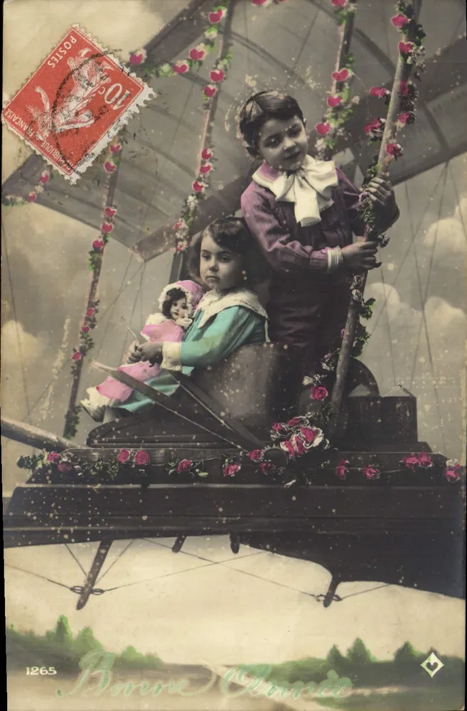 Zwei Kinder in einem mit Rosen dekorierten Ballon — unbekannter Verleger, Nr. 1265 - Vorderseite