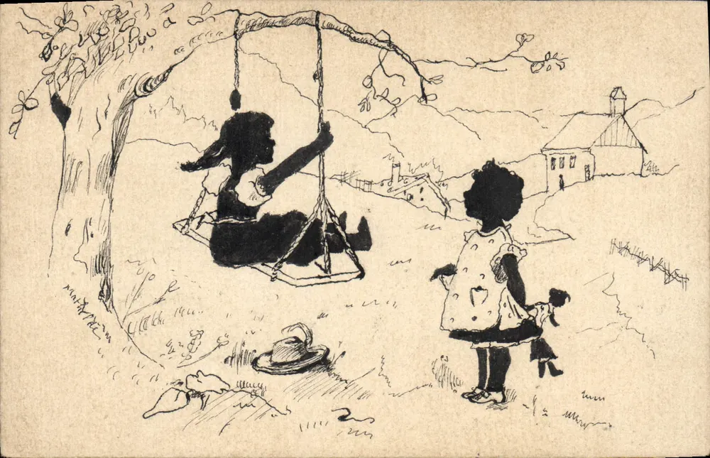 Zwei Kinder, die auf einer Schaukel spielen — Tuschezeichnung — unbekannter Verlag - Vorderseite