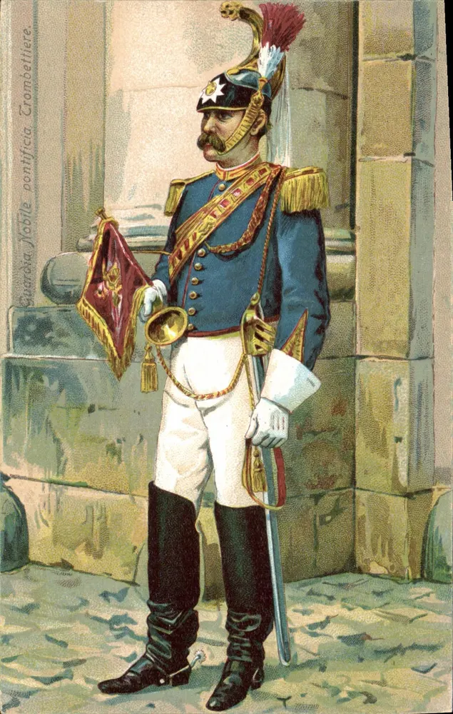 Guardião Nobre Trombettiere — uniforme azul e branco — E. Richter, Roma - Frente