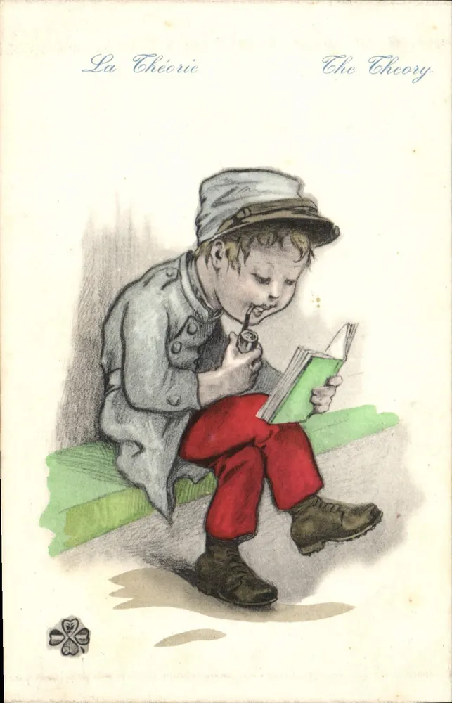 Criança em uniforme lendo um livro — La Théorie — Éditions Aux Alliés, Paris - Frente