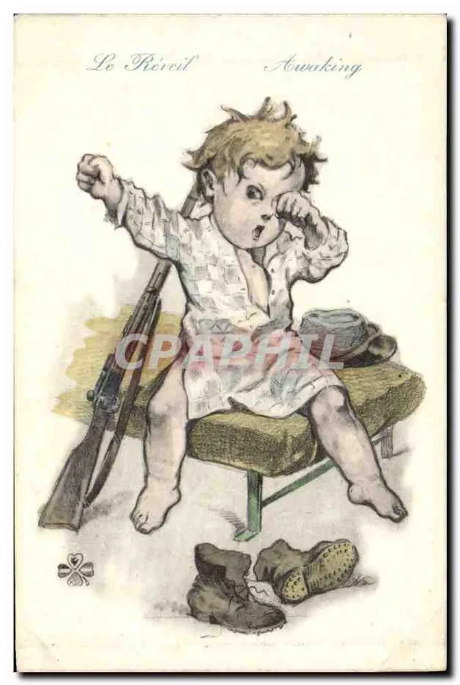 Le Rêveil Awaking — Enfant éveillant avec fusil et bottes — Éditions Aux Alliés Paris - Frente