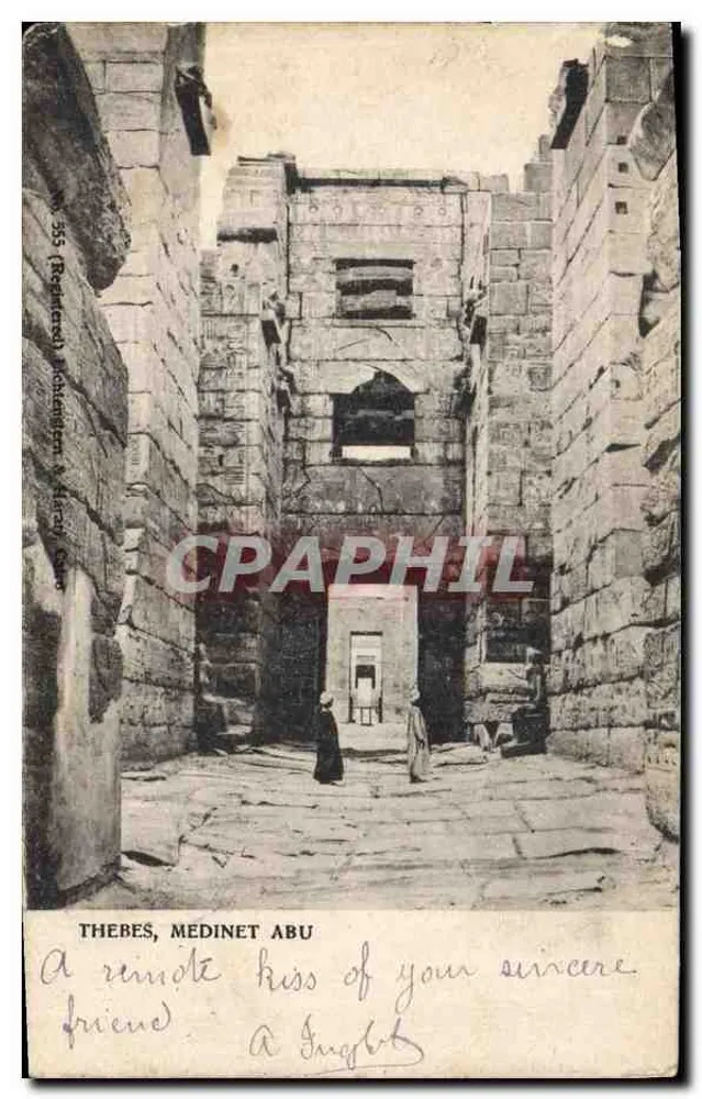 Teby, Médinet Abu — widok ruin — wydawca R. Böhm & Cie, nr 355 - Awers