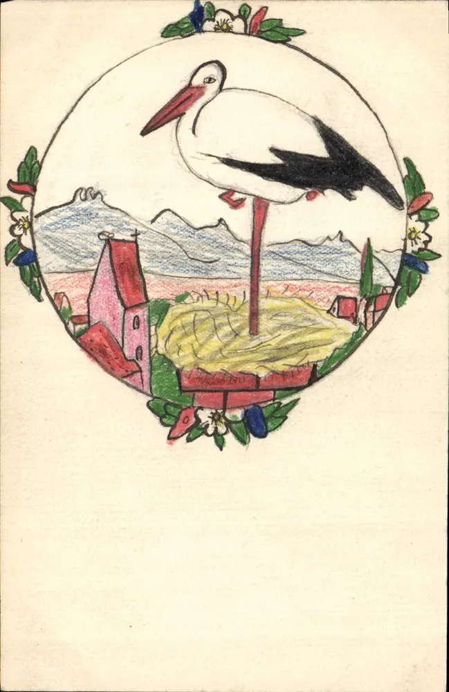 Storch auf seinem Untersatz - Alpenlandschaft - Handzeichnung - Vorderseite