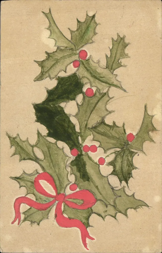 Eibe und roter Schleifband — Weihnachtskarte — Verlag nicht sichtbar - Vorderseite