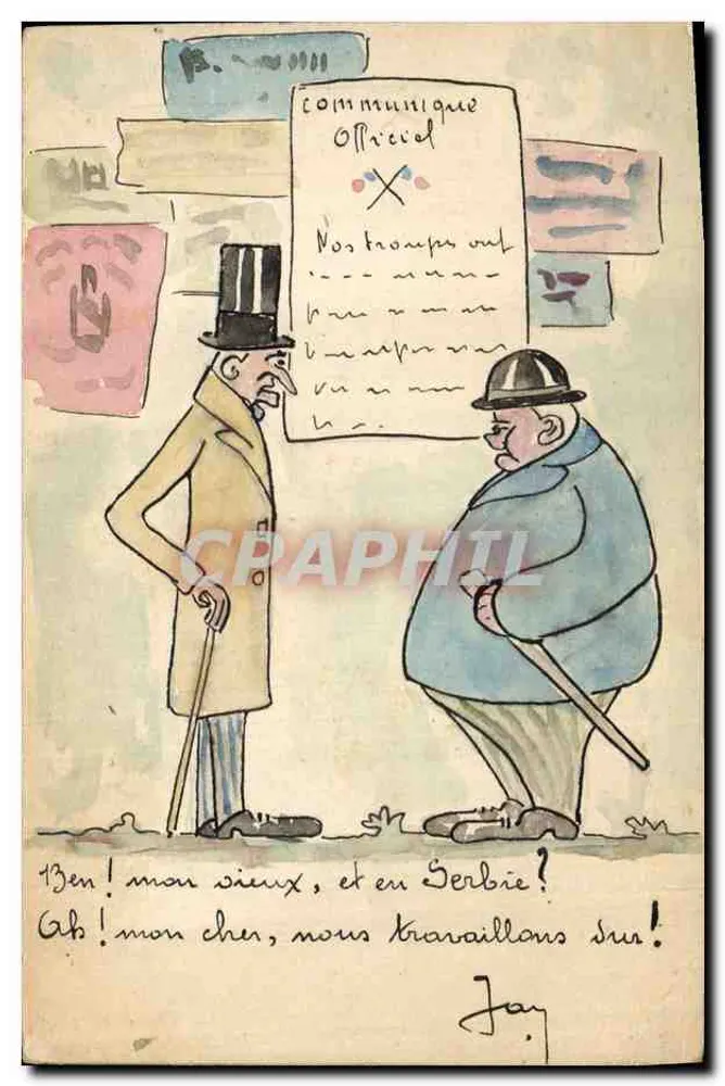 Zwei Männer vor einem offiziellen Hinweis — politische Karikatur — signiert Jay - Vorderseite