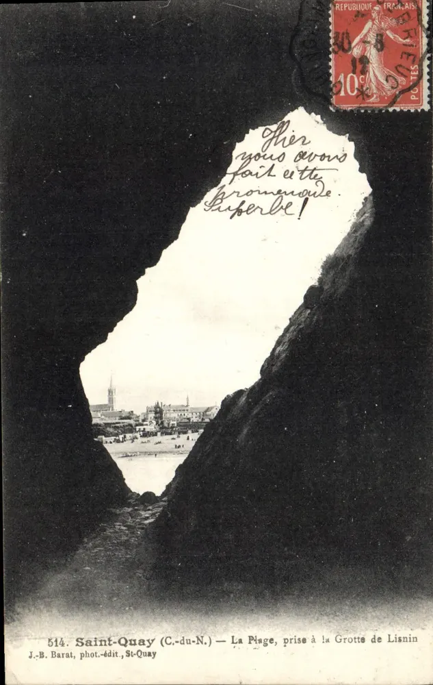 Saint-Quay (C.-du-N.) — La Plage, prise à la Grotte de Lisnin — J.-B. Barat, phot.-édit., St-Quay - Vorderseite