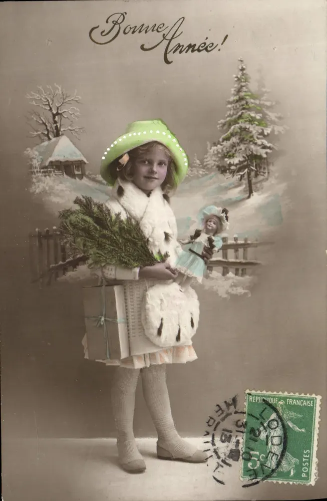 Mädchen in Winterkleidung mit Spielzeug — Frohe Weihnachten! — Verlag unbekannt - Vorderseite