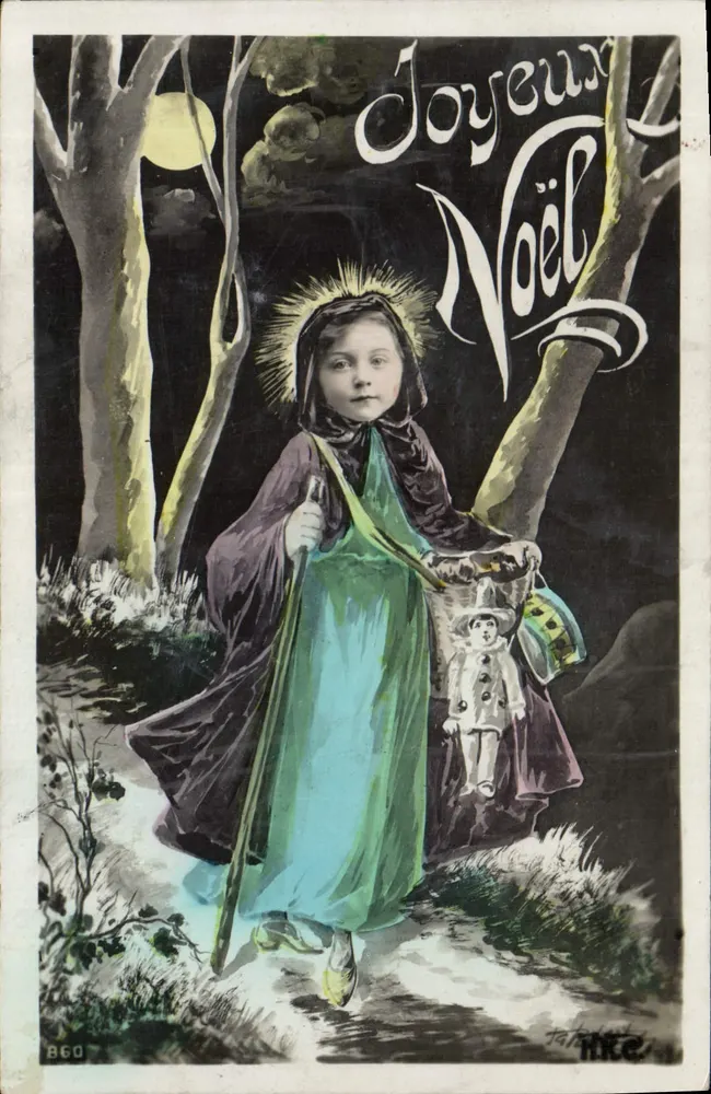 Kind in grüner Kleidung und violetter Cape in einer nächtlichen Waldlandschaft — Frohe Weihnachten — Verlag H.KE, Nr. 860 - Vorderseite