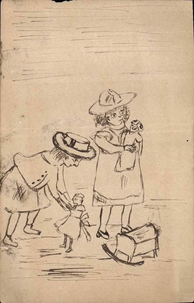 Duas mulheres e uma criança brincando com bonecas — desenho a tinta — sem editor ou número visível - Frente