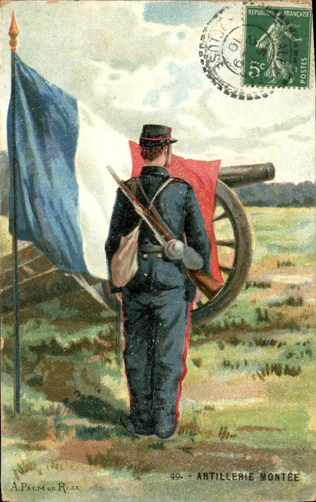 Geschossene Artillerie — Soldat vor einem Kanon und einem dreifarbigen Flagge — A. Palm de Rosa, n°49 - Vorderseite