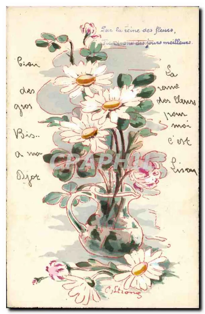 Büschel von Margeriten und Rosen — Aquarellzeichnung — unbekannter Verlag - Vorderseite