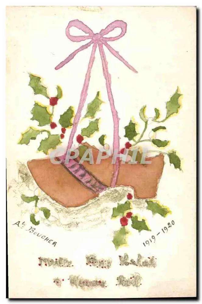 Geschmücktes Weihnachtschuh — Efeu und rosa Schleife — A. Boucher, 1919-1920 - Vorderseite