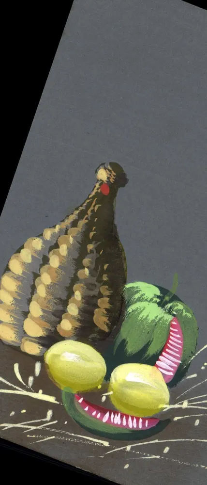 Huhn und Früchte — stilisierte Illustration — unbekannter Verlag - Vorderseite