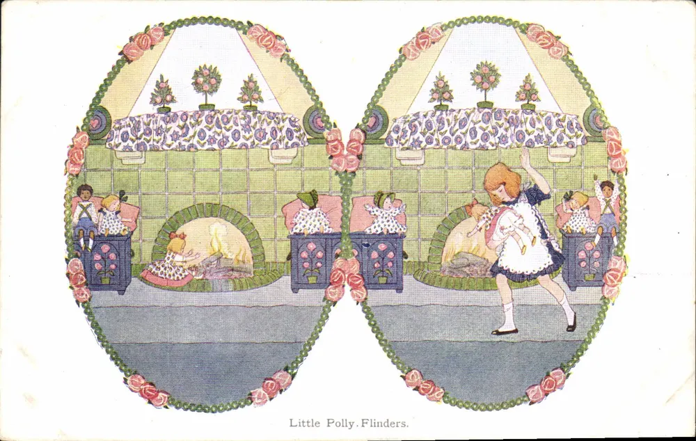 Little Polly Flinders — Wohnzimmer-Szene mit Kindern — illustriert von H. Willebeek Te Mair, veröffentlicht von Augener Ltd, London - Vorderseite