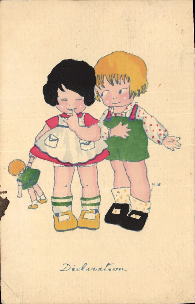 Deux enfants jouant avec une poupée — illustration signée M.188 — éditeur CATHELAIN ET BARTRIÈS, Paris - Frente