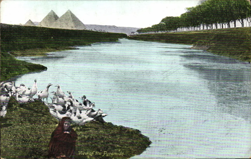 Uitzicht op de piramiden — Nijl en vogels — Uitgave Ephthimios Frères, Port Said - Voorkant