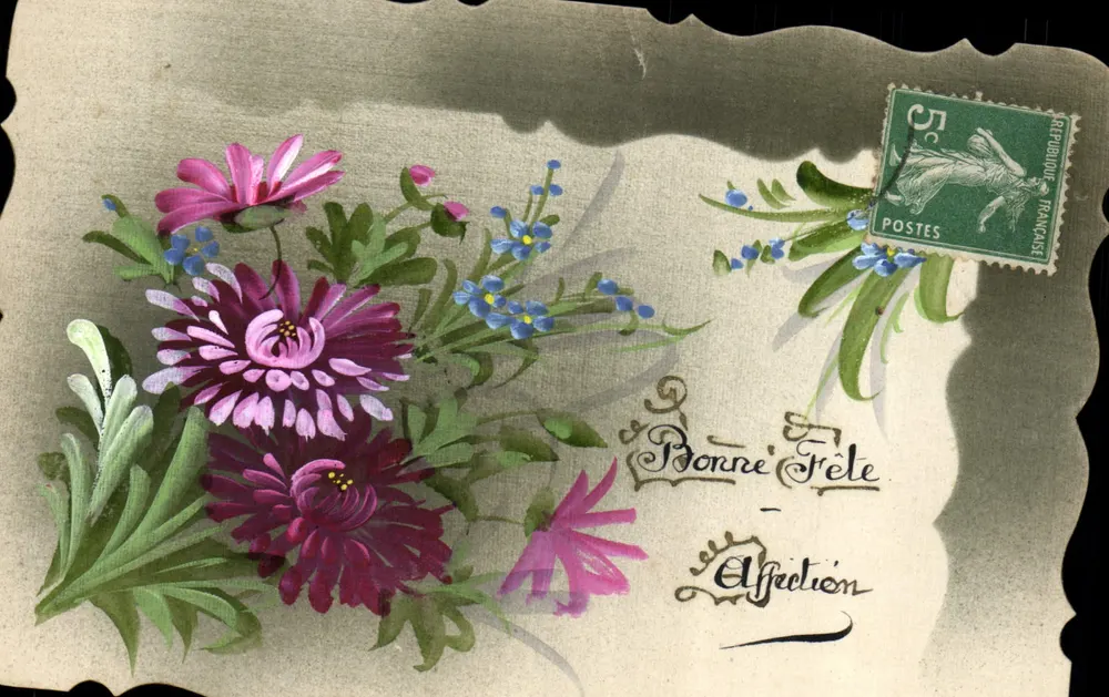 Farbenprächtige Blumen — Frohe Geburtstagsgrüße — Zärtlichkeit — Verlag nicht sichtbar, Seriennummer nicht lesbar - Vorderseite