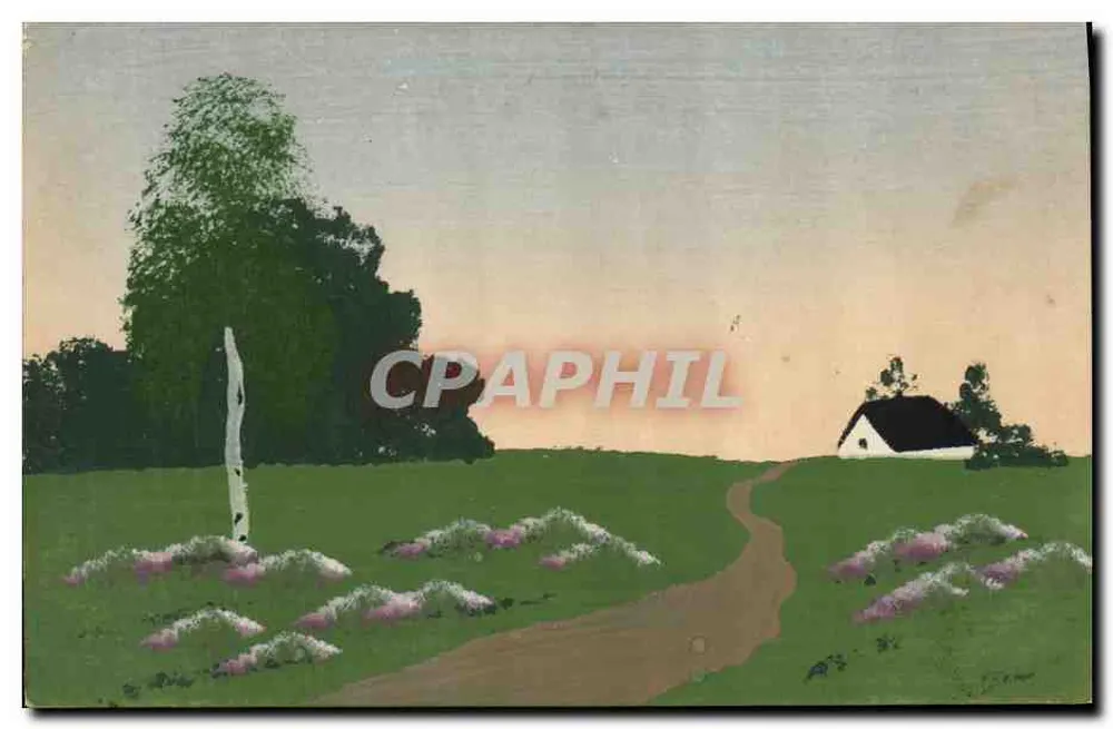 Landschaft mit Weg und Haus — handgemalte Ansichtskarte — M. M. Serie 419 - Vorderseite