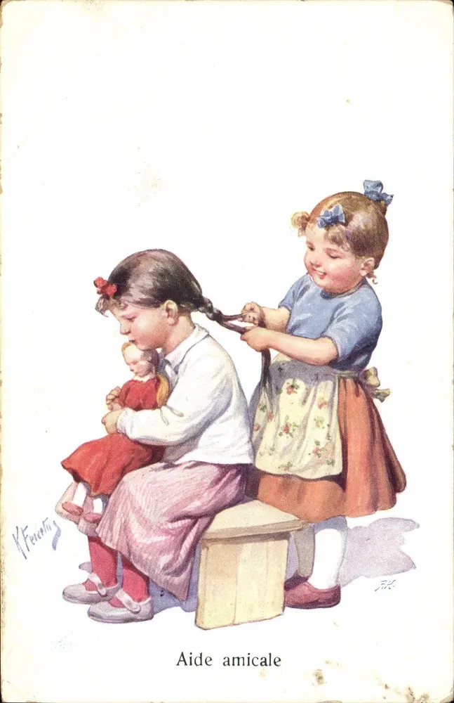 Deux petites filles — une brossant les cheveux de l'autre qui tient une poupée — éditeur KFerenty, n° 661-5 - Vorderseite